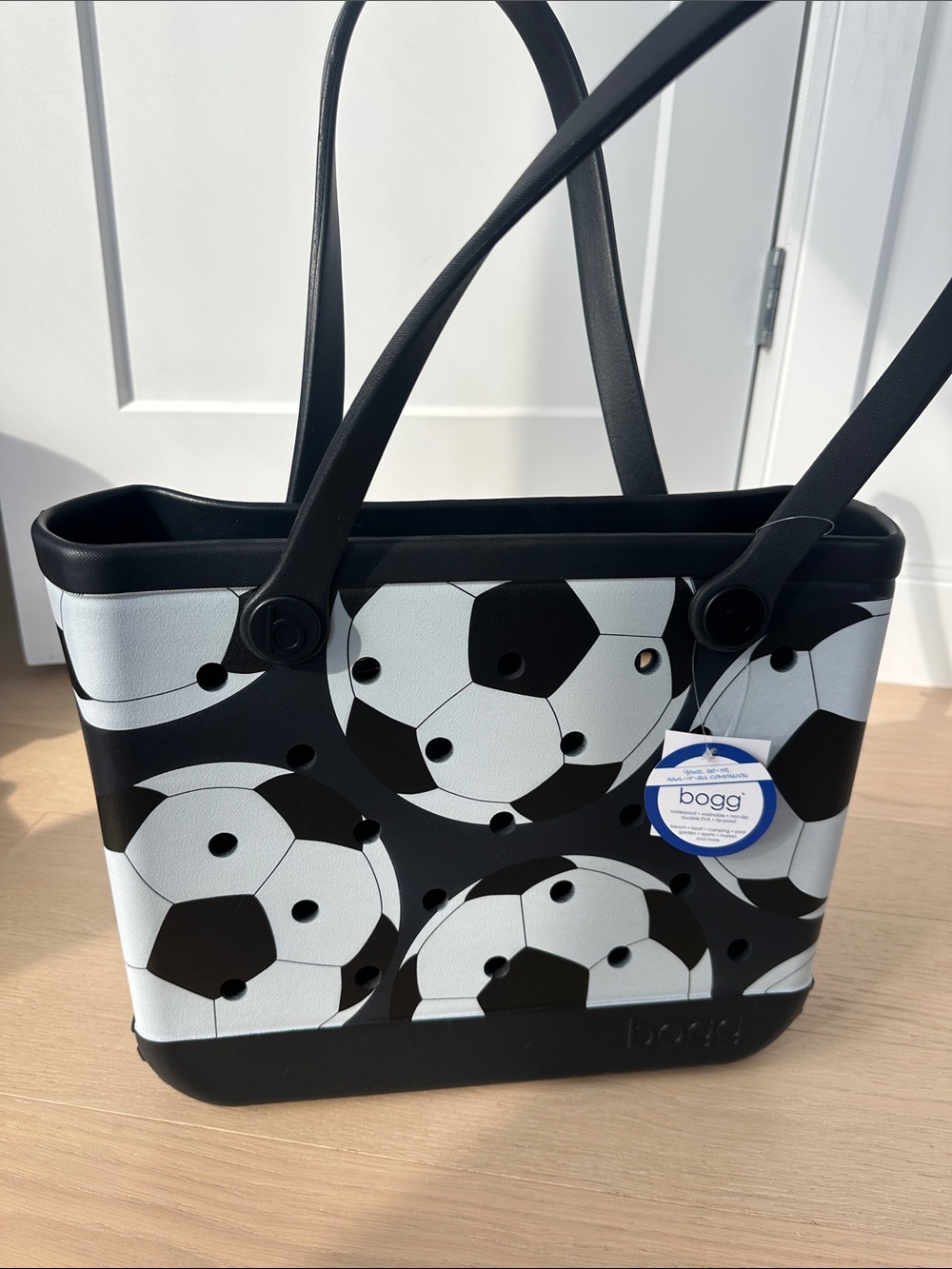 BOGG BAG Black & White Soccer Tote “Let’s Kick It” print NWT